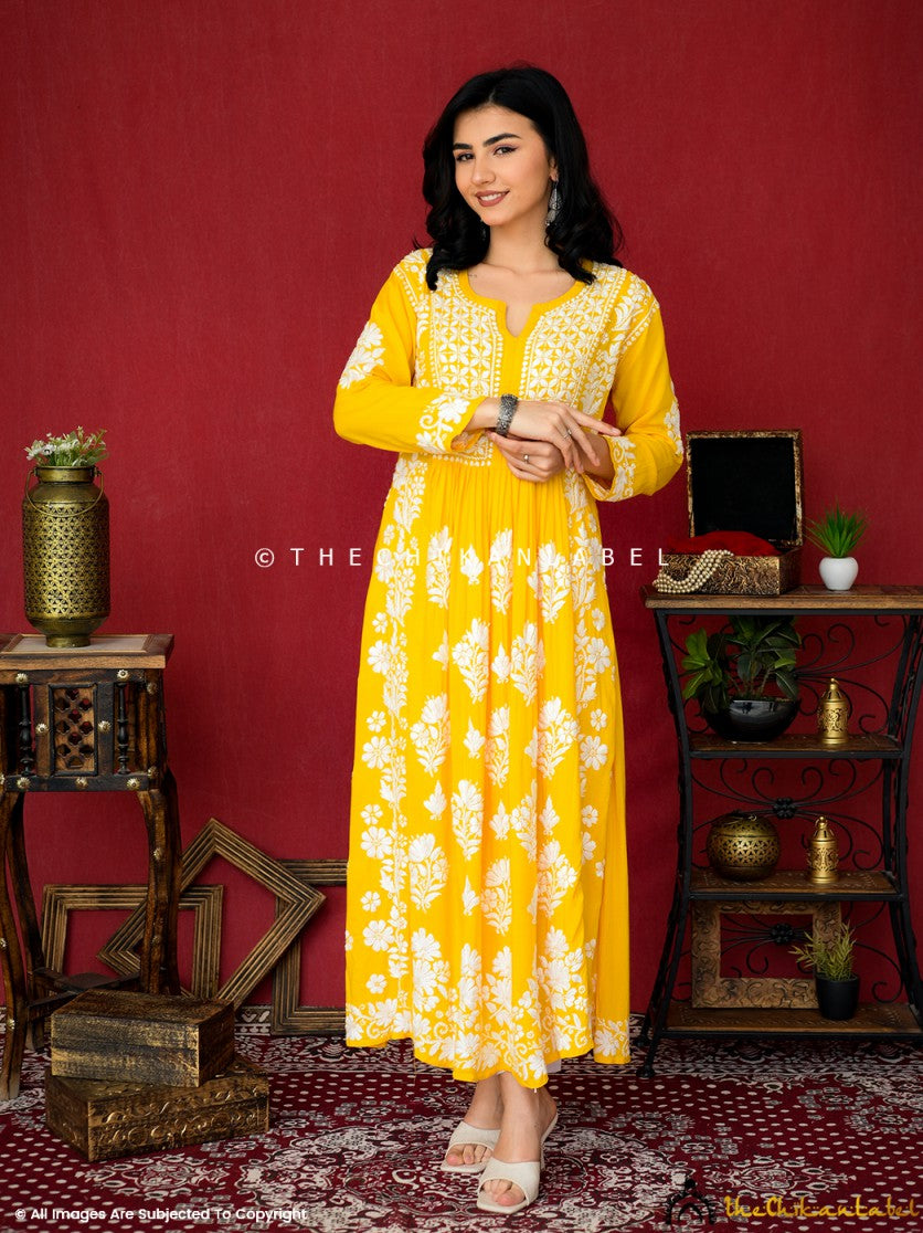 Shop Yellow Brocade Padded Kurta with Yellow Crepe Skirt and Yellow Pure  Organza Ruffle Dupatta Kurti Set - Kurti Sets Online in India | Function  dresses, Dress for haldi function, Trendy dress outfits